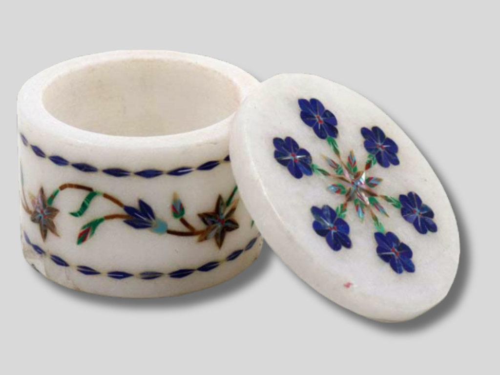 Floral Lapis Stone Inlay Design Round Ring Jewelry Box